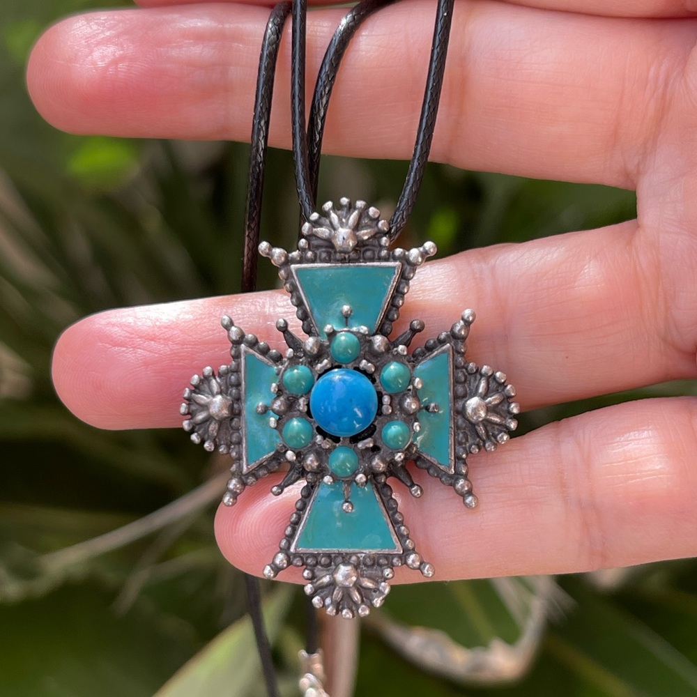 Blue enamel faux turquoise silver tone metal cross pendant & vegan black cord